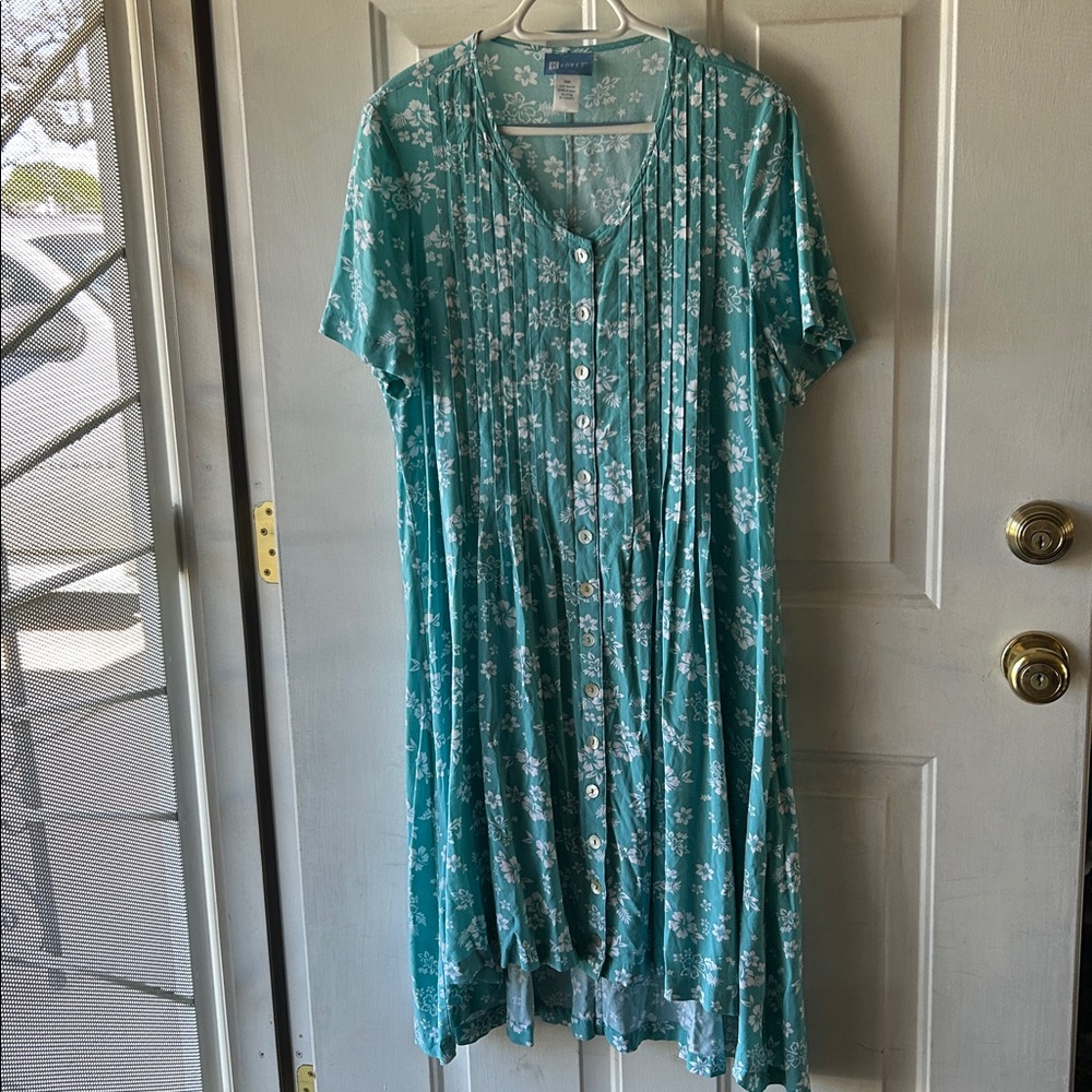 Koret Turquoise Floral Hi-Low dress with shell button down closure size 18W